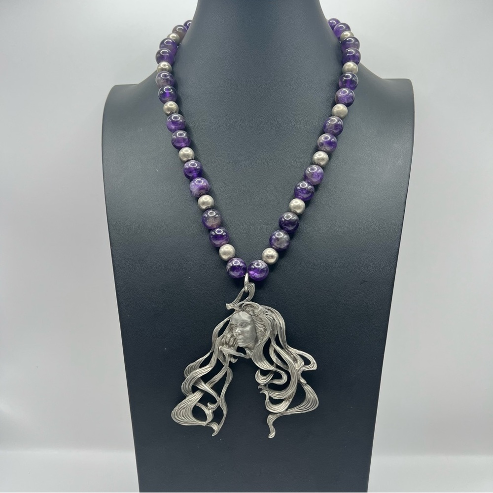 RARE Vintage Art Nouveau Style Pewter Woman & Amethyst Necklace